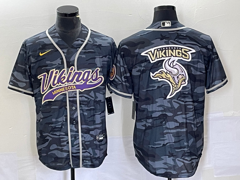 Minnesota Vikings Gray Camo Team Big Logo Cool Base Stitched Baseball Jersey